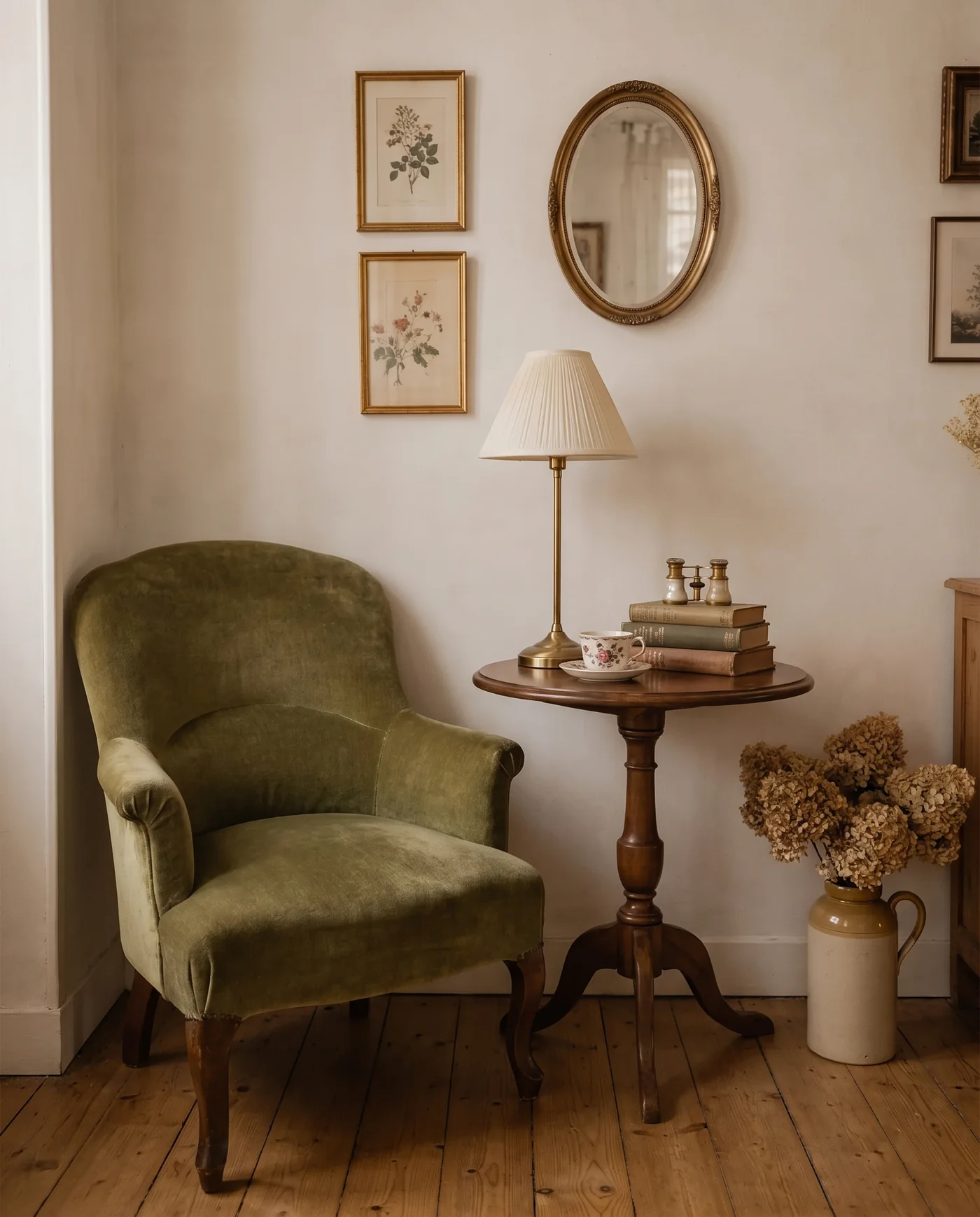 Un fauteuil ancien en velours vert près d’un guéridon en noyer, avec lampe en laiton, livres anciens et tasse en faïence, sous des gravures botaniques et un miroir ovale doré