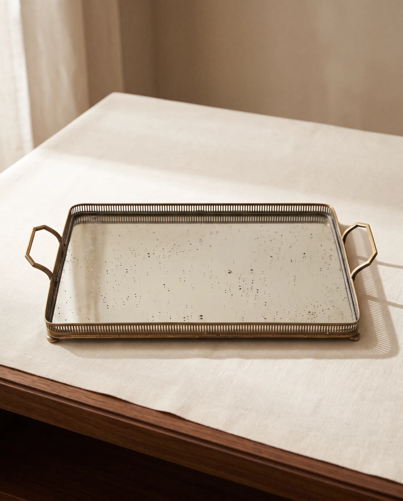 Plateau miroir Art déco en bois et laiton