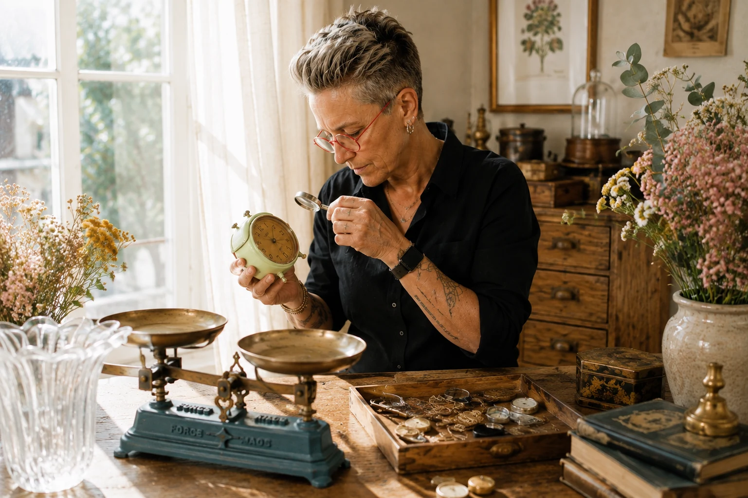Stéfani examine un réveil ancien à la loupe dans son atelier rempli de curiosités