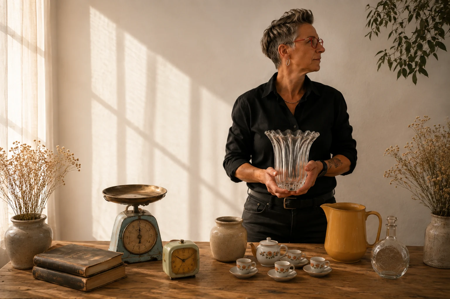 Stéfani tient un vase en verre derrière une table de curiosités et d’objets anciens baignée de lumière dorée