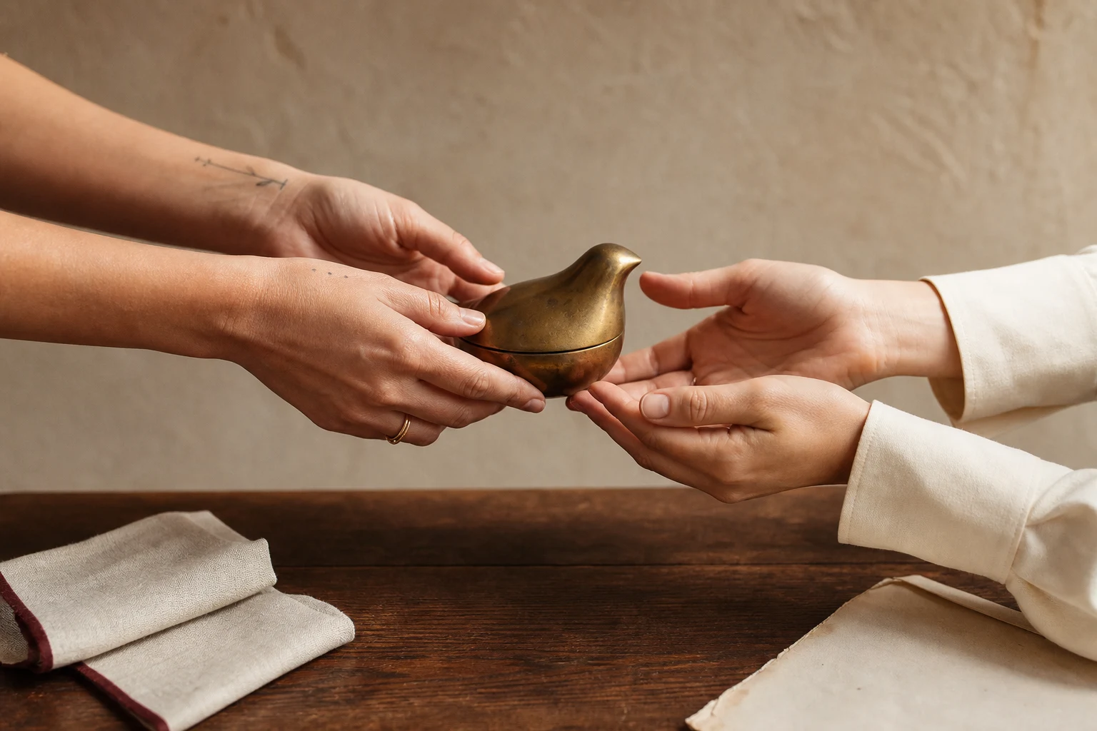 Un objet ancien confié délicatement de main en main